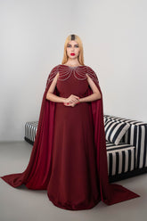Sleeveless A-Line Gown with Pearl-Embellished Cape - RUBY